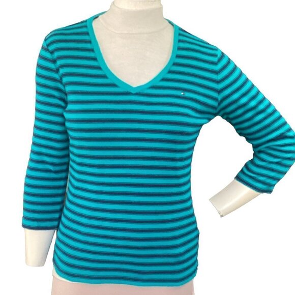 Tommy Hilfiger Striped V-Neck 3/4 Sleeve Tee Top M Teal Green & Navy Blue #182B - Picture 1 of 7